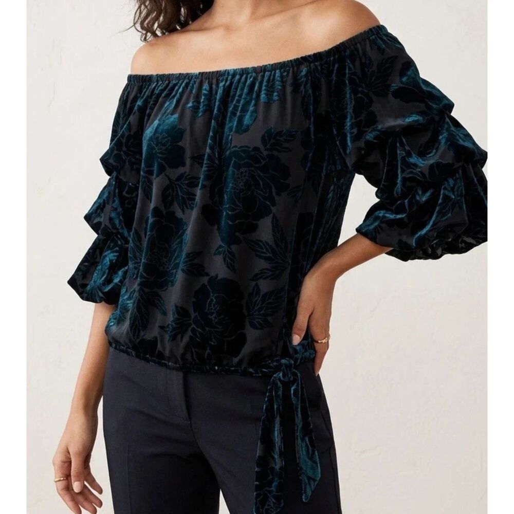 MSK Puff Sleeve Top Womens XL Burnout Off Shoulder Tie Waist Whimsigoth New